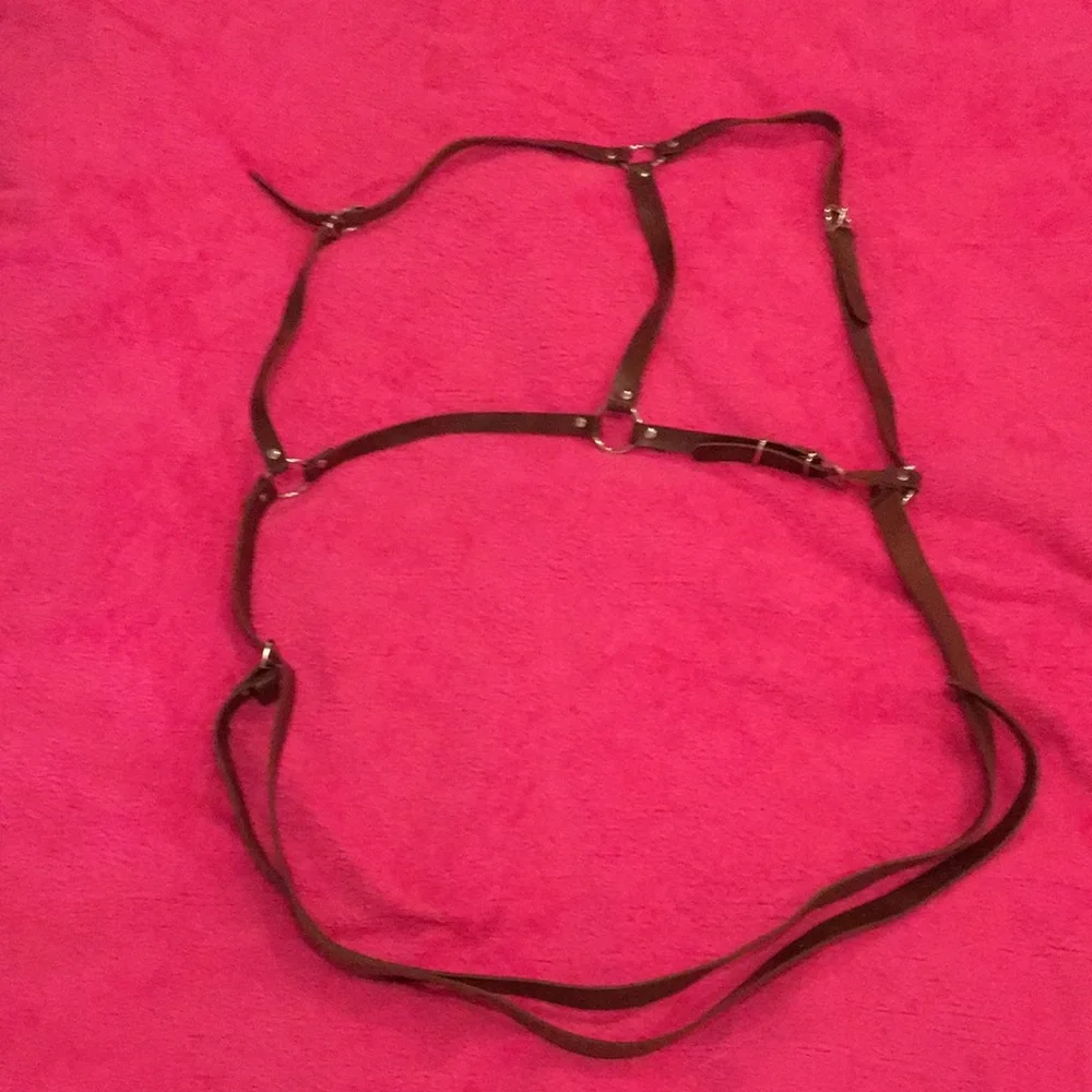 Brown Faux Leather Harness Belt with Metal Buckle Details